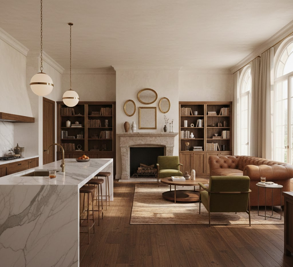 Luxurious open-plan living room with marble island, elegant fireplace, and stylish decor featuring warm earthy tones