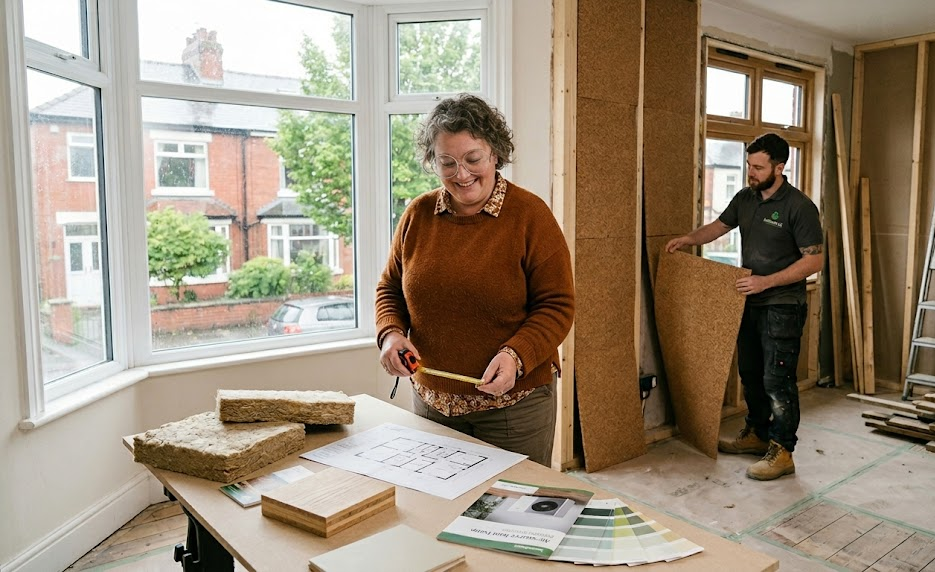 Woman planning home renovation with builder, examining materials and floor plans in a light-filled room